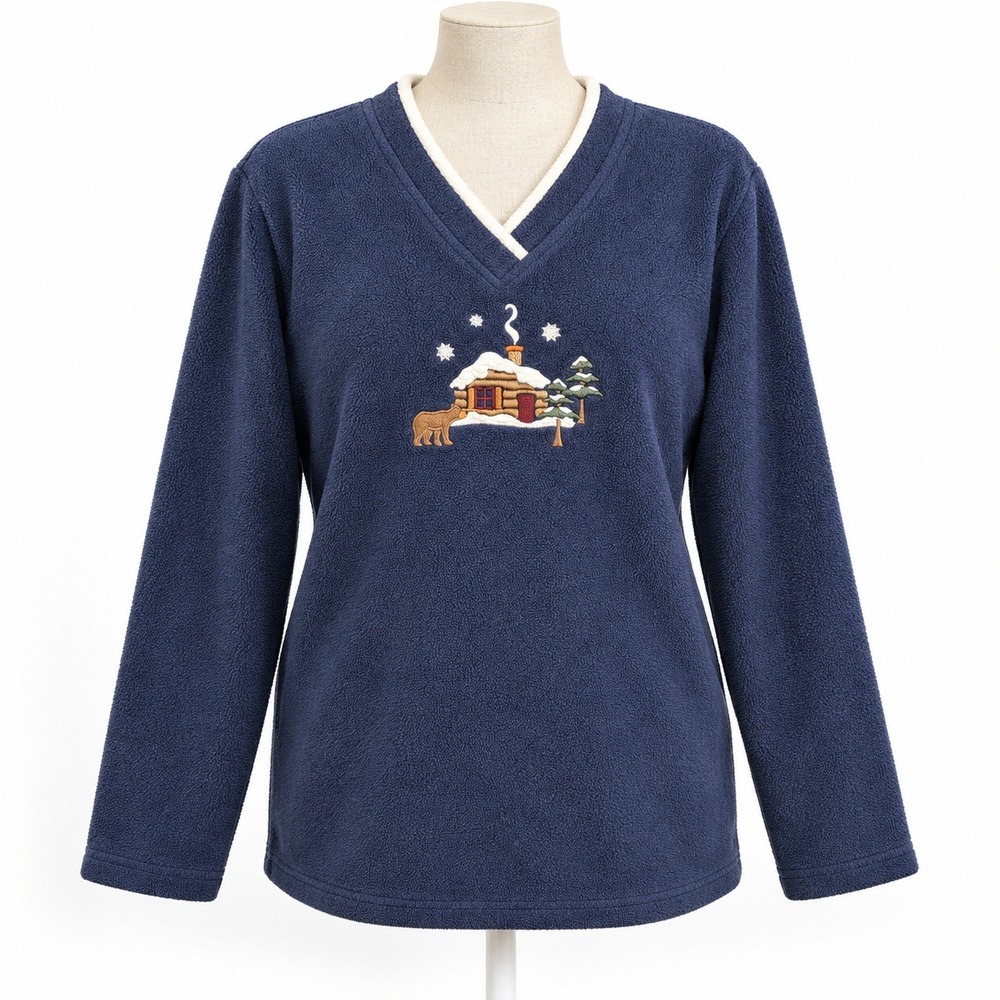 Vintage Embroidered Winter Cabin Fleece Sweatshirt Sz M Blue Cottagecore Granny